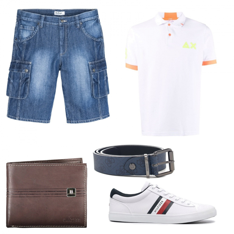 Outfit uomo - Polo e bermuda. Stile Casual per Serata speciale. Abbinamento con bermuda, cinture, sneakers, polo, portafogli.