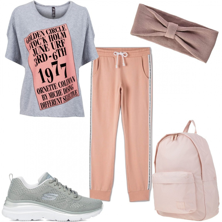 Outfit donna - Basic e sportiva. Stile Basic per Sport. Abbinamento con maglieria, zaini, pantaloni, sneakers, fasce per capelli.