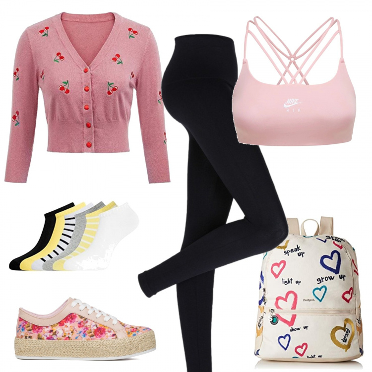 Outfit donna - Zaino in vacanza. Stile Romantica per Mare. Abbinamento con leggings, sneakers, bolero, zaini, top, calzini.