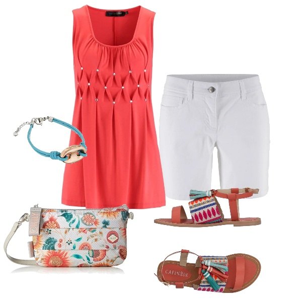 Outfit donna - Tramonto sulla spiaggia. Stile Basic per Tutti i giorni. Abbinamento con sandali fantasia multicolore effetto laminato senza tacco con fibbia e punta tonda con nappine, vestiti chemisier, pantalone corto elasticizzato bianco, borsa a spalla bianco.