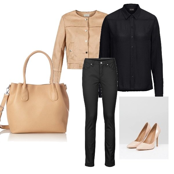 Outfit donna - Trendy #13090. Stile Trendy per Tutti i giorni. Abbinamento con jeans, camicetta lunga nero, giacca beige, décolleté con tacco alto pianta larga, borsa a mano beige.