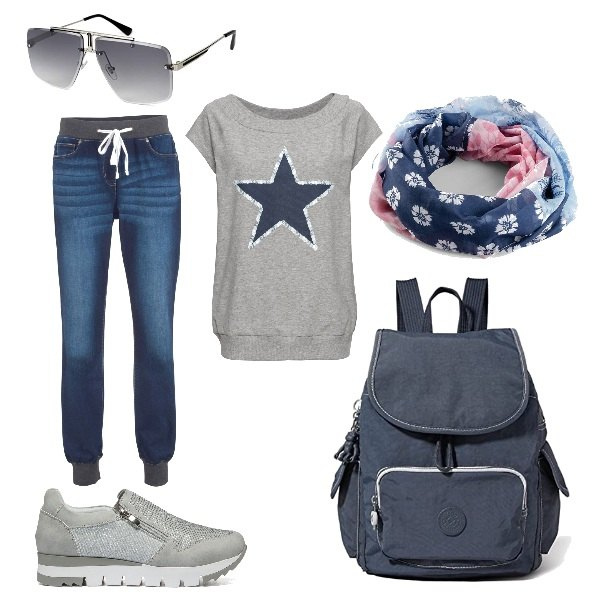 Outfit donna - Stacco la spina in campagna. Stile Basic per Tutti i giorni. Abbinamento con t-shirt, jeans boyfriend, foulard, sneakers, zaini, occhiali da sole.