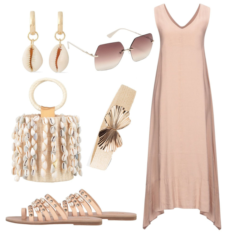 Outfit donna - Total look. Stile Casual per Tutti i giorni. Abbinamento con cinture, vestiti midi/longuette, infradito, occhiali da sole, borse a mano, orecchini.