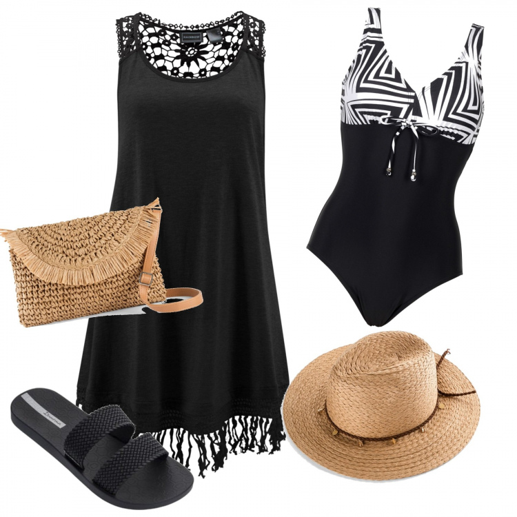 Outfit donna - Total look #1116519. Stile Casual per Mare. Abbinamento con vestiti da spiaggia, costumi interi, cappelli, borse a tracolla, ciabatte.