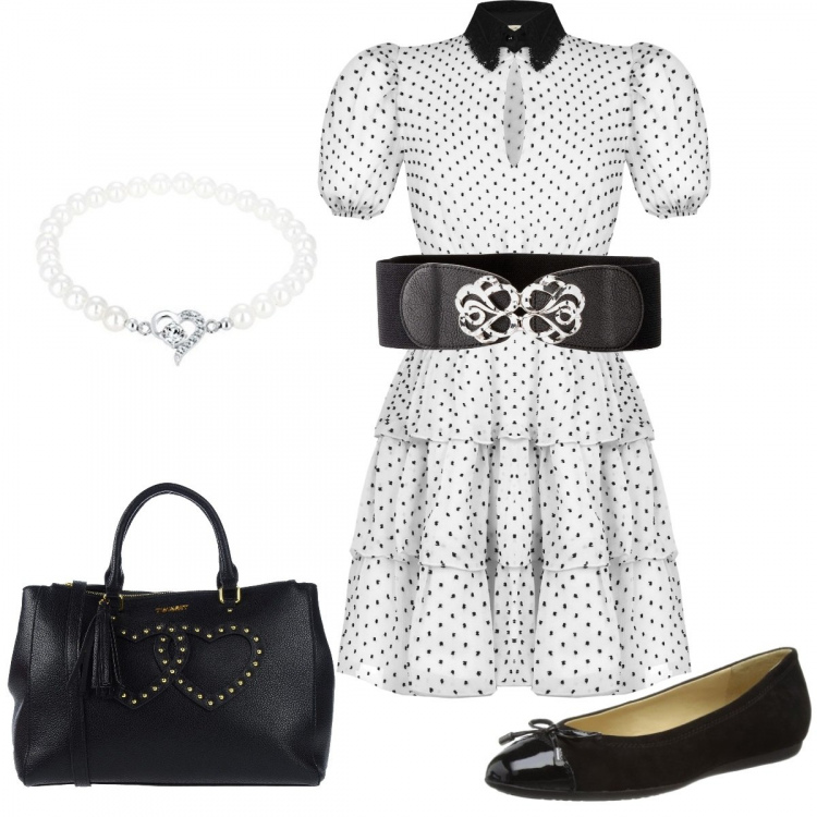 Outfit donna - Bianco e nero Anni 50. Stile Bon Ton per Tutti i giorni. Abbinamento con cinture, borse a mano, vestiti corti, ballerine, braccialetti.