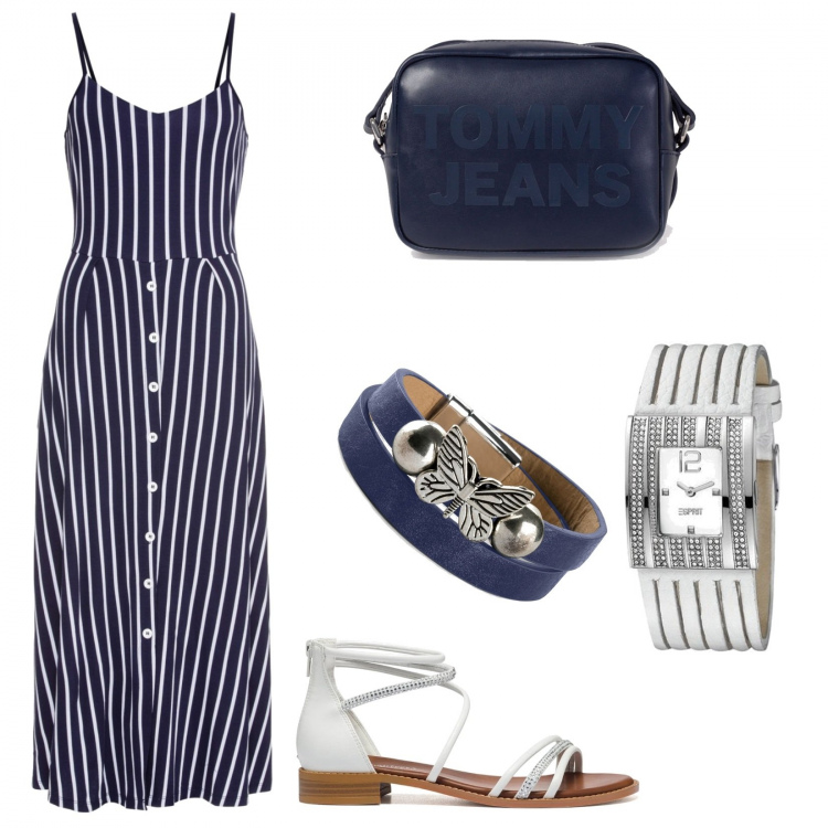 Outfit donna - Bellissima a righe. Stile Basic per Tutti i giorni. Abbinamento con vestiti midi/longuette, braccialetti, borse a tracolla, sandali in pelle, orologi.