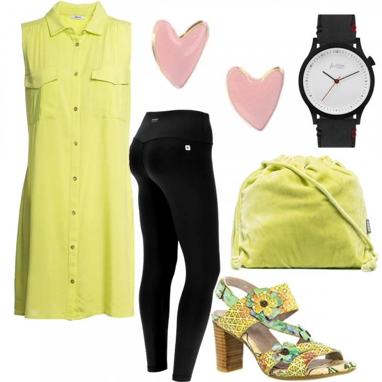 Outfit donna - Total look #1117074. Stile Casual chic per Tutti i giorni. Abbinamento con orecchini, camicie, orologi analogici, borse a secchiello, leggings sportivo, sandali.