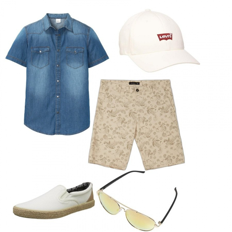 Outfit uomo - 2xl. Stile Casual per Tutti i giorni. Abbinamento con camicie a manica corta, bermuda, occhiali da sole, scarpe stringate, cappelli.
