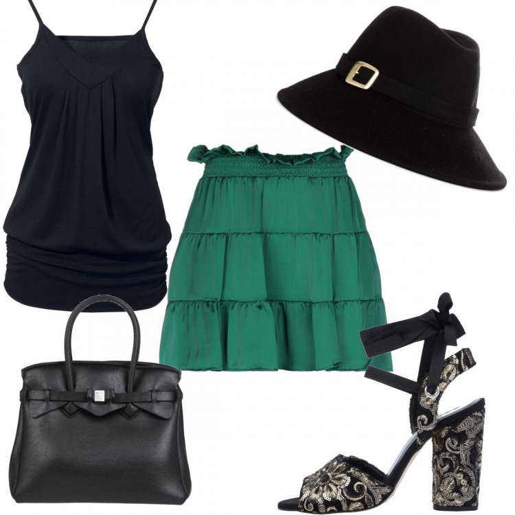 Outfit donna - Top e cappello. Stile Glamour per Tutti i giorni. Abbinamento con top, minigonne, sandali col tacco, borse a mano, cappelli.