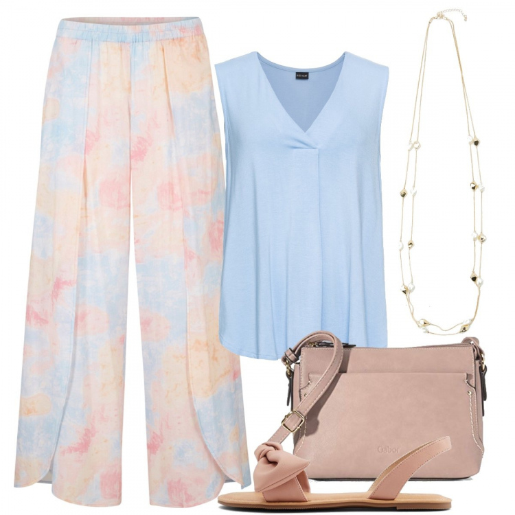 Outfit donna - Weekend al lago. Stile Basic per Tutti i giorni. Abbinamento con top, pantaloni, collane, sandali in pelle, borse a tracolla.
