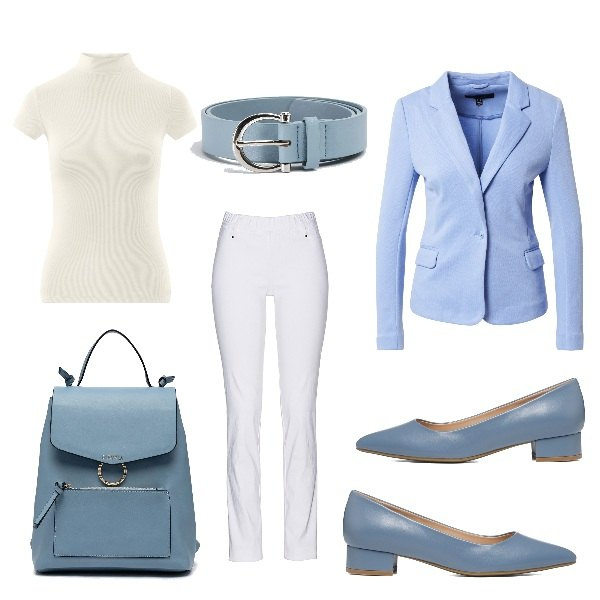 Outfit donna - Giornata celeste. Stile Mannish per Ufficio. Abbinamento con pantaloni, cinture, zaini, décolleté, blazer, maglieria.