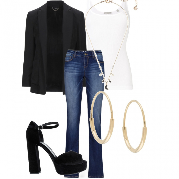 Outfit mujer - Un clasico & básico. Estilo Basic para Todos los días. Combinación con collares, vaqueros rectos, blazers, pendientes, sandalias de tacón, chalecos.