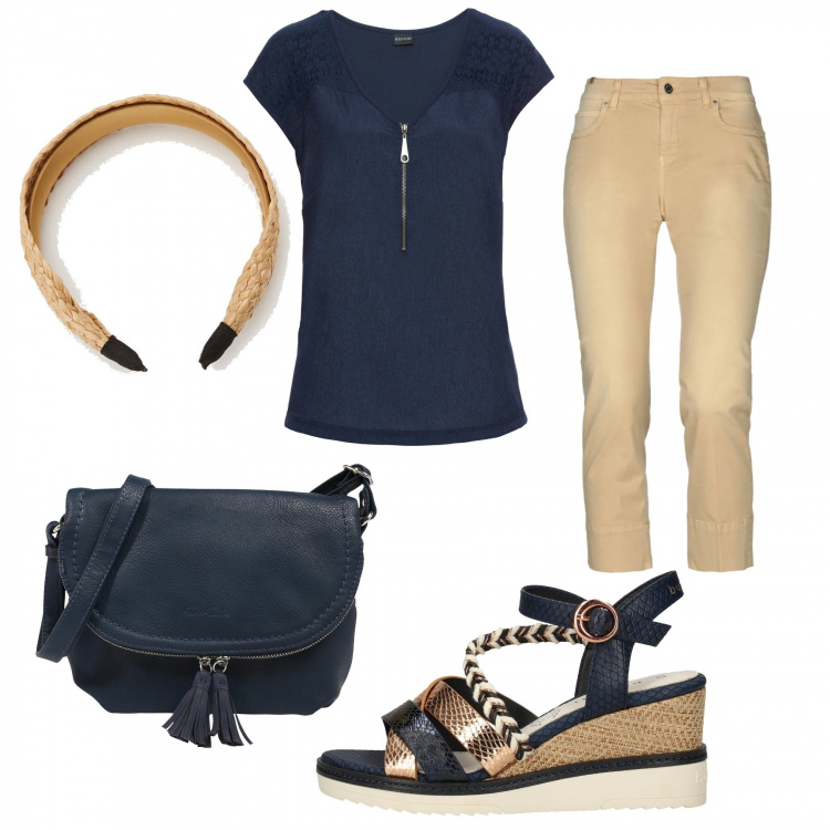 Outfit donna - La Tshirt con la cerniera. Stile Casual chic per Tutti i giorni. Abbinamento con t-shirt, pantaloni capri, cerchietti, sandali, borse a tracolla.