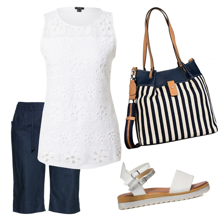 Outfit donna - Bon ton bermuda. Stile Bon Ton per Tutti i giorni. Abbinamento con bermuda, sandali in pelle, top, shopping bag.