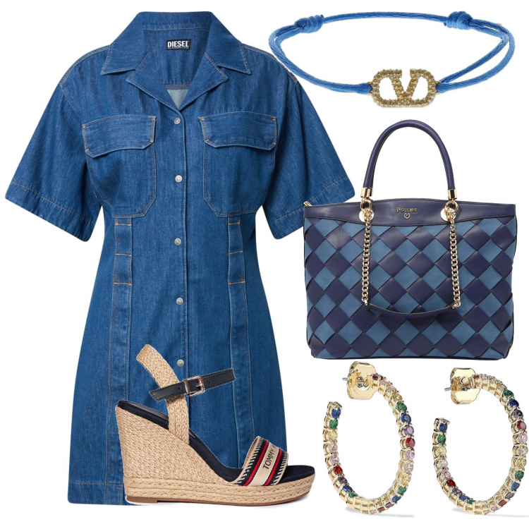 Outfit donna - Abitino casual ogni giorno. Stile Chic per Tutti i giorni. Abbinamento con orecchini, sandali, vestiti chemisier, borse a mano, braccialetti.