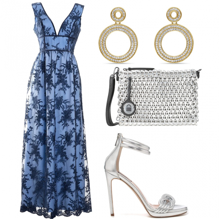 Outfit donna - Serata importante. Stile Chic per Serata fuori. Abbinamento con borse a tracolla, vestiti lunghi, sandali col tacco, orecchini.