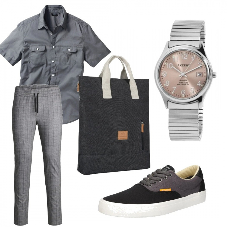 Outfit uomo - Il grigio tra l\'elegante e il casual. Stile Urban per Ufficio. Abbinamento con camicie a manica corta, pantaloni chino, borse sportive, orologi, sneakers.