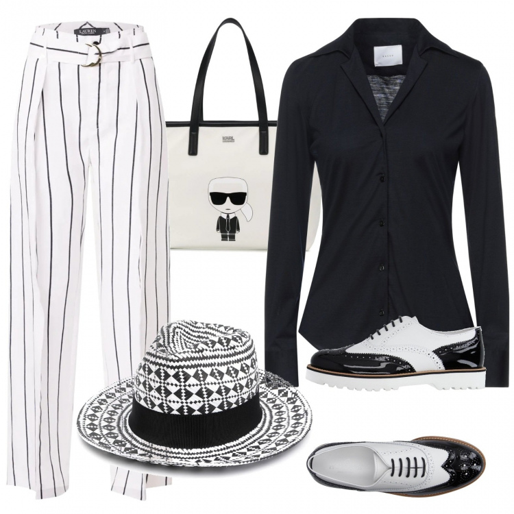 Outfit donna - WE fuori città. Stile Bon Ton per Tutti i giorni. Abbinamento con scarpe stringate, camicie, cappelli, borse tote, pantaloni.