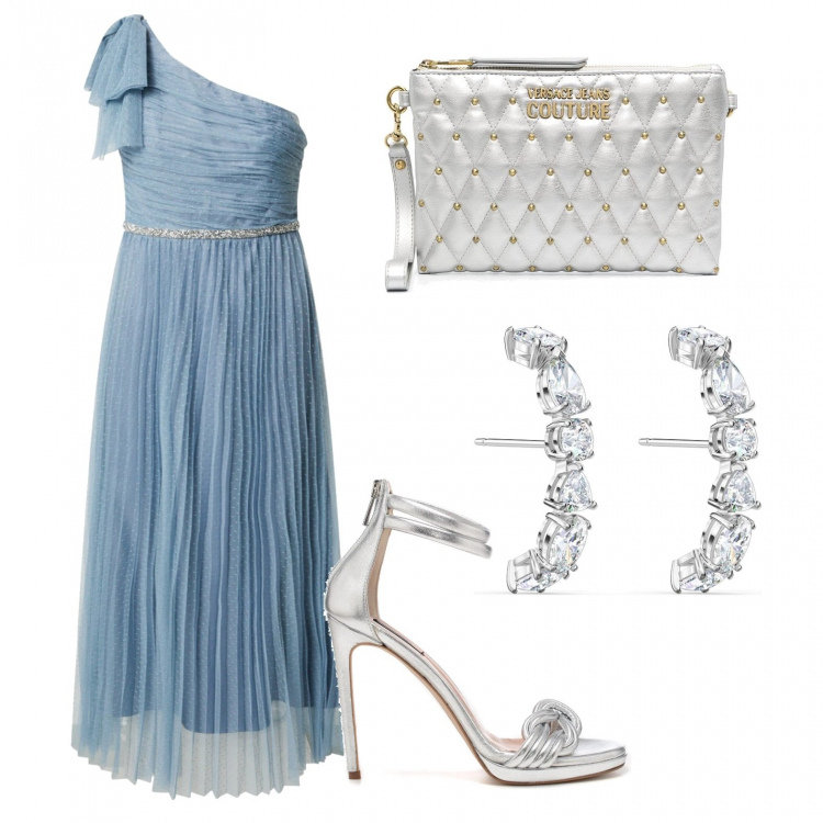 Outfit donna - Damigella d\' onore. Stile Bon Ton per Cerimonia. Abbinamento con sandali col tacco, clutch, vestiti, orecchini.