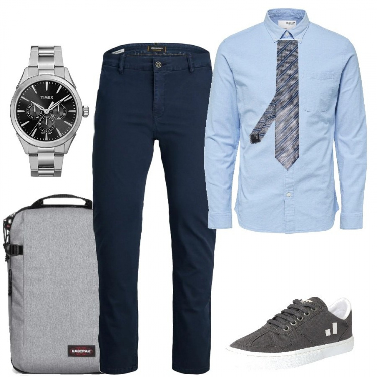 Outfit uomo - Business trip. Stile Business/Elegante per Tutti i giorni. Abbinamento con cravatte, pantaloni chino, borse sportive, sneakers, braccialetti, camicie.