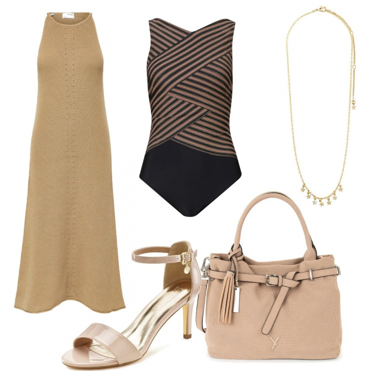 Outfit donna - Weekend al mare. Stile Glamour per Mare. Abbinamento con costumi interi, vestiti lunghi, shopping bag, sandali, collane.
