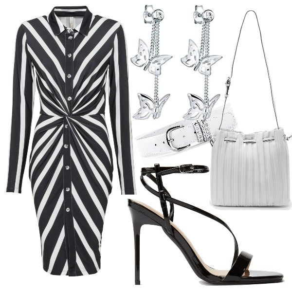 Outfit donna - Abito chemisier a righe. Stile Chic per Serata fuori. Abbinamento con cinture, vestiti chemisier, sandali col tacco, borse a secchiello, orecchini.