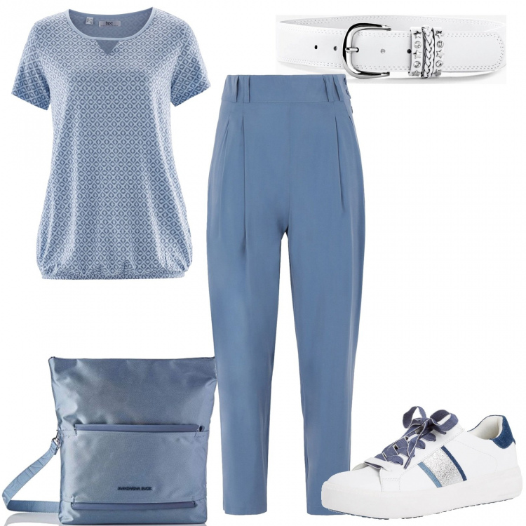Outfit donna - Bianco e carta da zucchero. Stile Casual per Ufficio. Abbinamento con maglieria, cinture, pantaloni capri, sneakers, borse a tracolla.