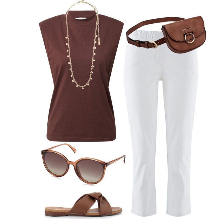 Outfit donna - Comodamente minimal. Stile Minimal per Tutti i giorni. Abbinamento con pantaloni, sandali, top, borse a mano, collane, occhiali da sole.