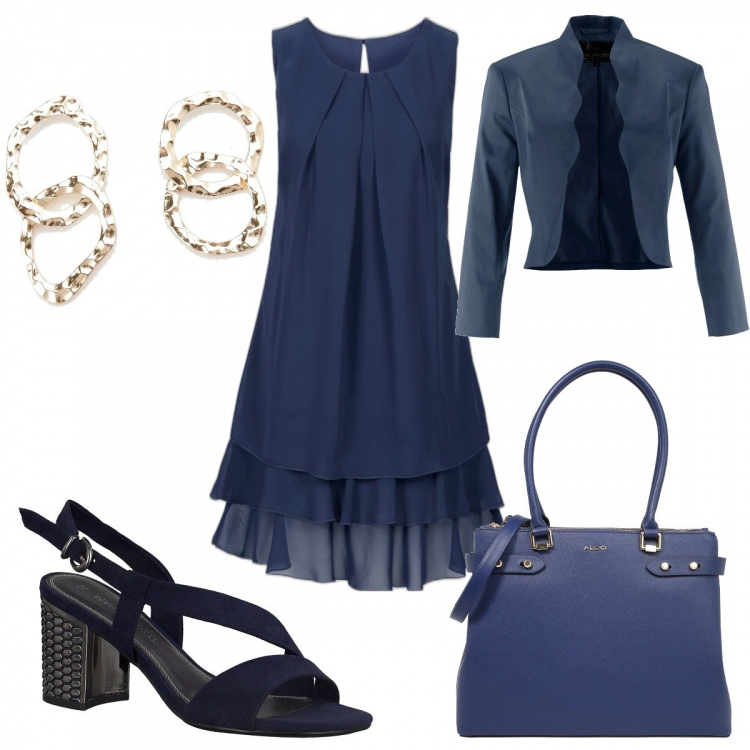 Outfit donna - Elegante in blu. Stile Chic per Tutti i giorni. Abbinamento con vestiti, blazer, orecchini, sandali, borse a mano.