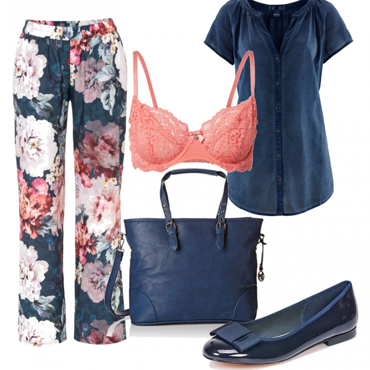 Outfit donna - In vacanza. Stile Urban per Tutti i giorni. Abbinamento con camicie a manica corta, pantaloni a palazzo, ballerine, reggiseni, borse a mano.