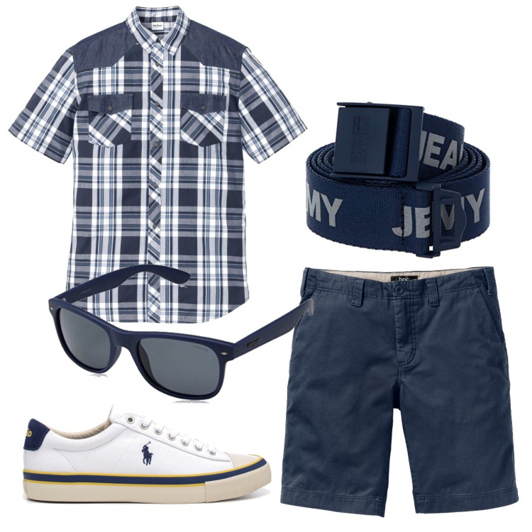 Outfit uomo - Camicia e sneakers. Stile Casual per Tutti i giorni. Abbinamento con camicie a manica corta, bermuda, sneakers, occhiali da sole, cinture.