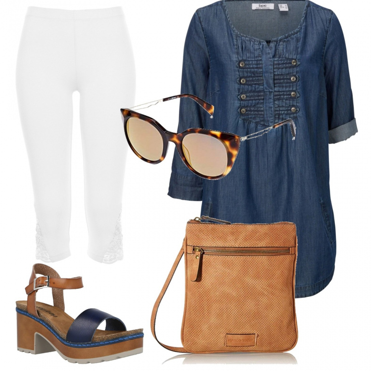 Outfit donna - Il camicione di jeans. Stile Casual per Tutti i giorni. Abbinamento con bluse, leggings, sandali, occhiali da sole, borse a mano.