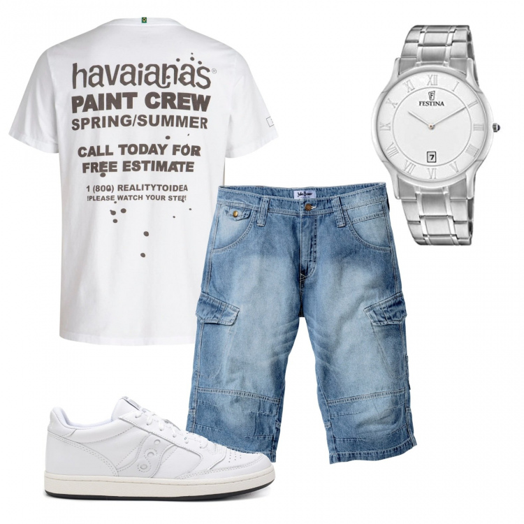 Outfit uomo - T-shirt e bermuda. Stile Casual per Tutti i giorni. Abbinamento con bermuda, sneakers, orologi analogici, t-shirt.