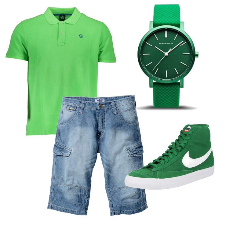 Outfit uomo - Il verde brillante. Stile Casual per Tutti i giorni. Abbinamento con bermuda, polo, sneakers alte, orologi.