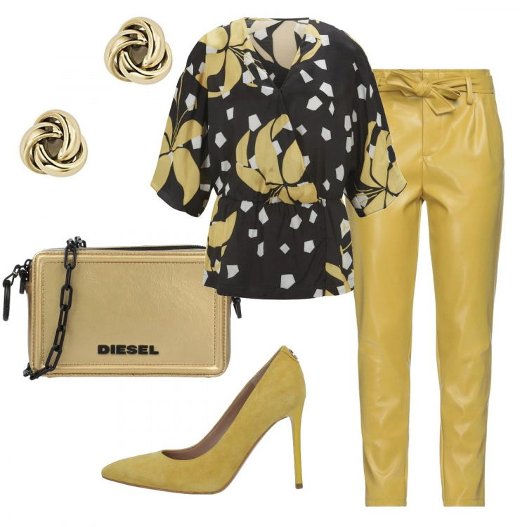 Outfit donna - Glamour #2376. Stile Glamour per Serata fuori. Abbinamento con décolleté, pantaloni, borse a tracolla, camicie, orecchini.