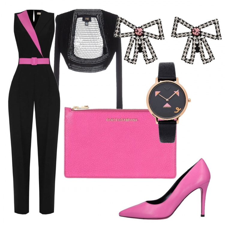 Outfit donna - Serata di gala. Stile Glamour per Serata fuori. Abbinamento con décolleté, bolero, orologi, pochette, tute, orecchini.