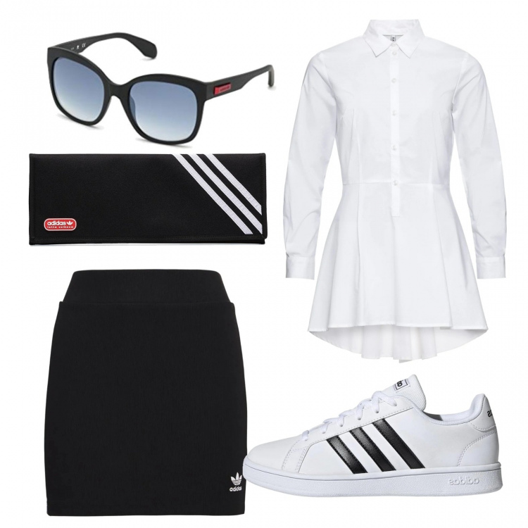 Outfit donna - Lady in black. Stile Casual chic per Scuola/Università. Abbinamento con camicie, clutch, sneakers, gonne, occhiali da sole.