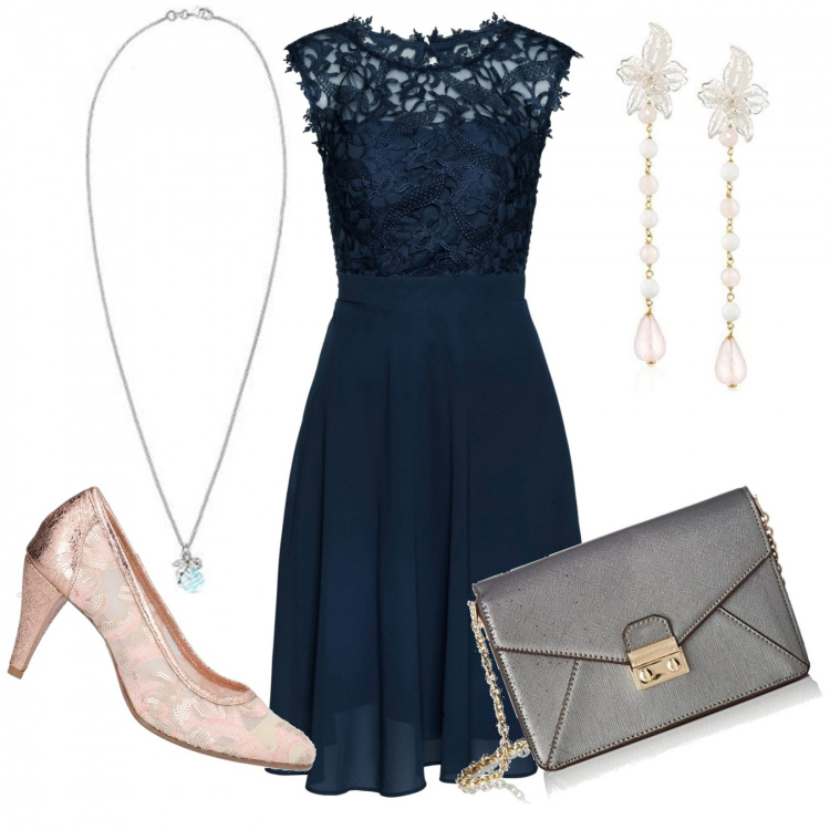 Outfit donna - Matrimonio. Stile Romantica per Cerimonia. Abbinamento con vestiti corti, décolleté, pochette, orecchini, ciondoli.
