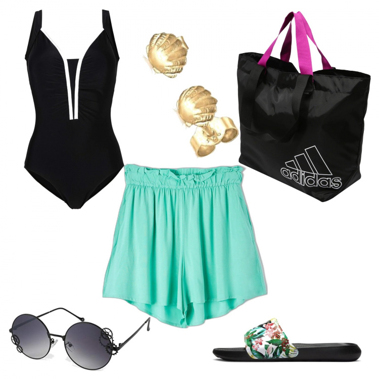 Outfit donna - Ciabattine a fiori. Stile Basic per Mare. Abbinamento con costumi interi, pantaloni corti, orecchini, occhiali da sole, ciabatte, borse sportive.