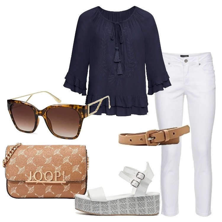 Outfit donna - Tunica ricamata e jeans bianco. Stile Casual chic per Tutti i giorni. Abbinamento con tuniche, pantaloni, zeppe, cinture, occhiali da sole, borse a tracolla.