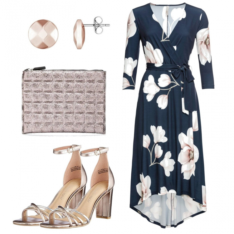 Outfit donna - Cerimonia di giorno. Stile Bon Ton per Cerimonia. Abbinamento con vestiti lunghi, clutch, sandali col tacco, orecchini.
