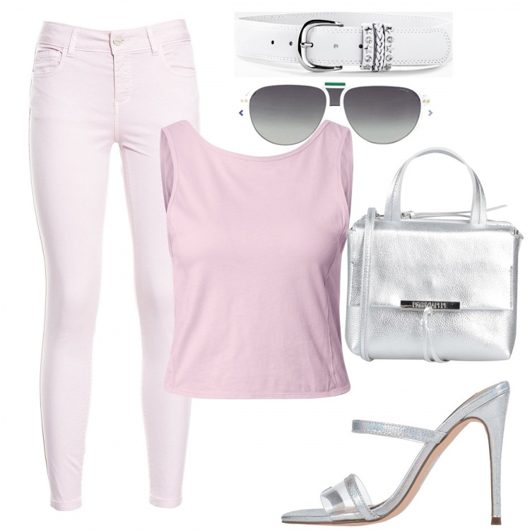 Outfit donna - Fashion con il sandalo argento. Stile Casual chic per Tutti i giorni. Abbinamento con cinture, borse a mano, sandali col tacco, pantaloni skinny, occhiali da sole, top.