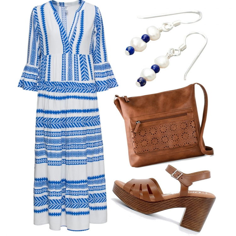 Outfit donna - Curvy: un weekend fuori. Stile Etnico per Mare. Abbinamento con borse a tracolla, vestiti lunghi, sandali, orecchini.