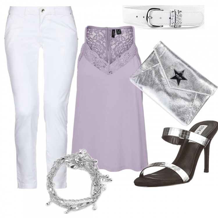 Outfit donna - Aperitivo serale estivo. Stile Casual chic per Serata fuori. Abbinamento con cinture, pantaloni, borse a mano, braccialetti, top, sandali col tacco.