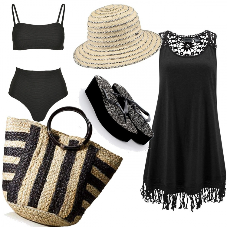 Outfit donna - Total look #1122465. Stile Casual per Mare. Abbinamento con vestiti da spiaggia, infradito, bikini, borse tote, cappelli.