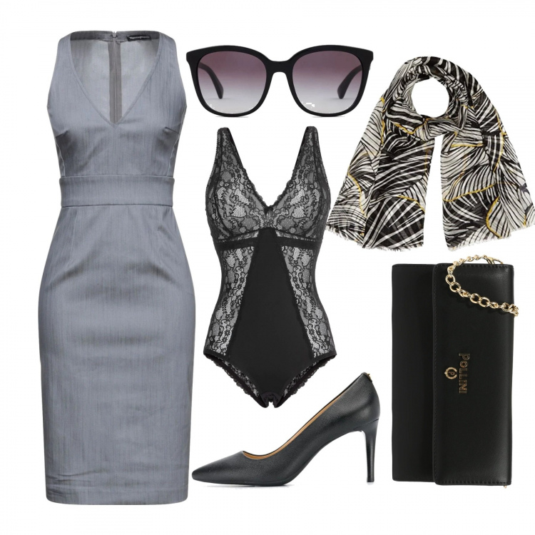 Outfit donna - Tubino grigio. Stile Chic per Cerimonia. Abbinamento con body, vestiti midi/longuette, décolleté, pochette, stole, occhiali da sole.