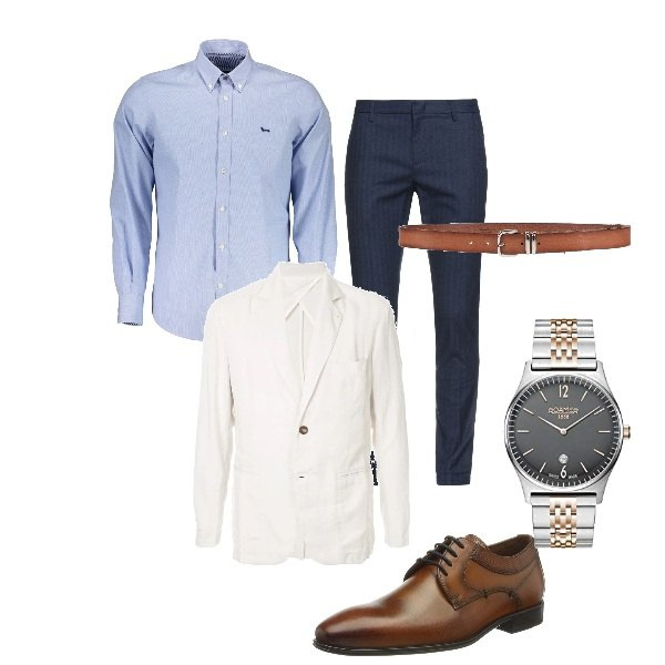 Outfit uomo - Qualcosa di speciale. Stile Business/Elegante per Serata speciale. Abbinamento con giacche, pantaloni skinny, cinture, camicie, scarpe stringate, orologi.