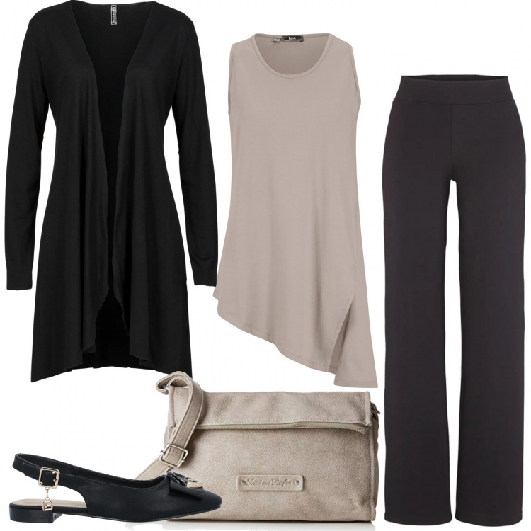 Outfit donna - La blusa asimmetrica. Stile Casual chic per Ufficio. Abbinamento con cardigans, top, ballerine, pantaloni, borse a tracolla.
