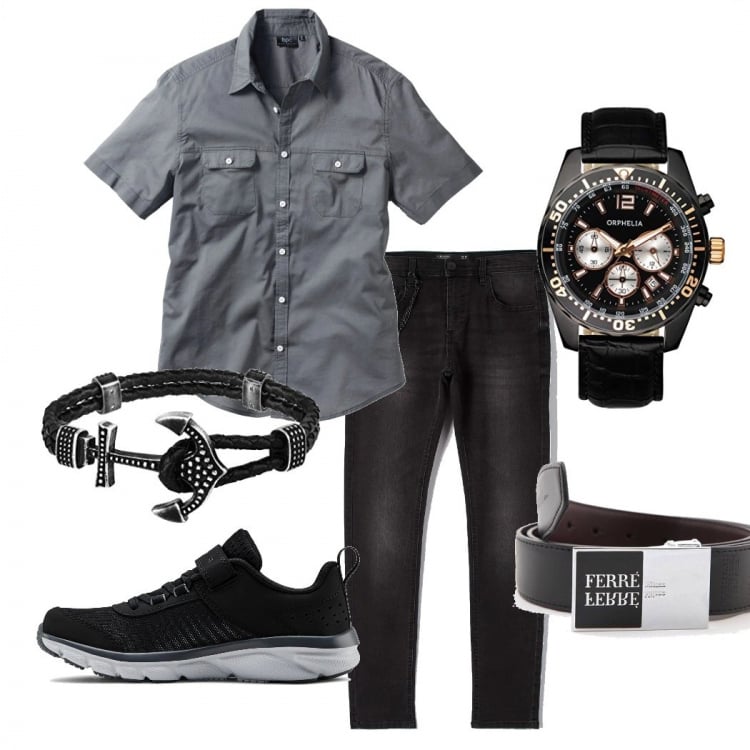Outfit uomo - Trendy camicia grigia jeans neri. Stile Trendy per Tutti i giorni. Abbinamento con camicie a manica corta, jeans skinny, cinture, sneakers, orologi, braccialetti.