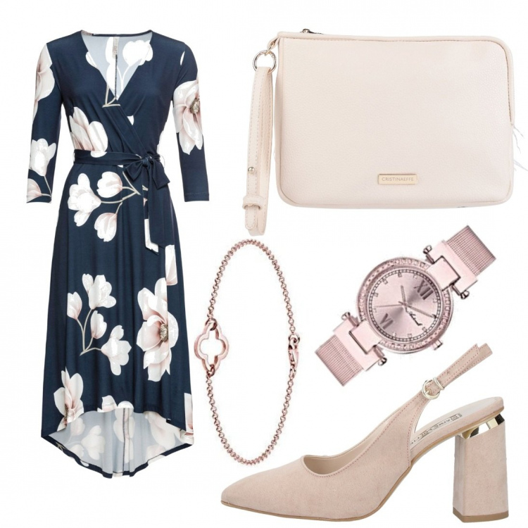 Outfit donna - L\'abito asimetrico. Stile Casual chic per Serata fuori. Abbinamento con vestiti lunghi, décolleté, borse a mano, orologi analogici, braccialetti.